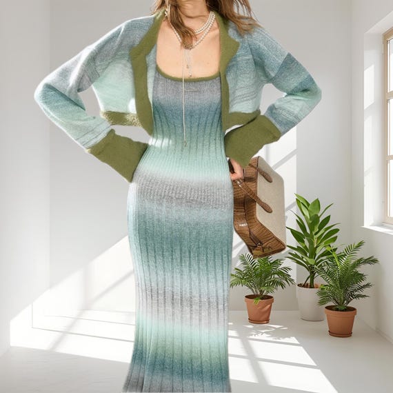 Ombre Knit Maxi Dress & Cropped Cardigan Set: Blue-Green Knitwear