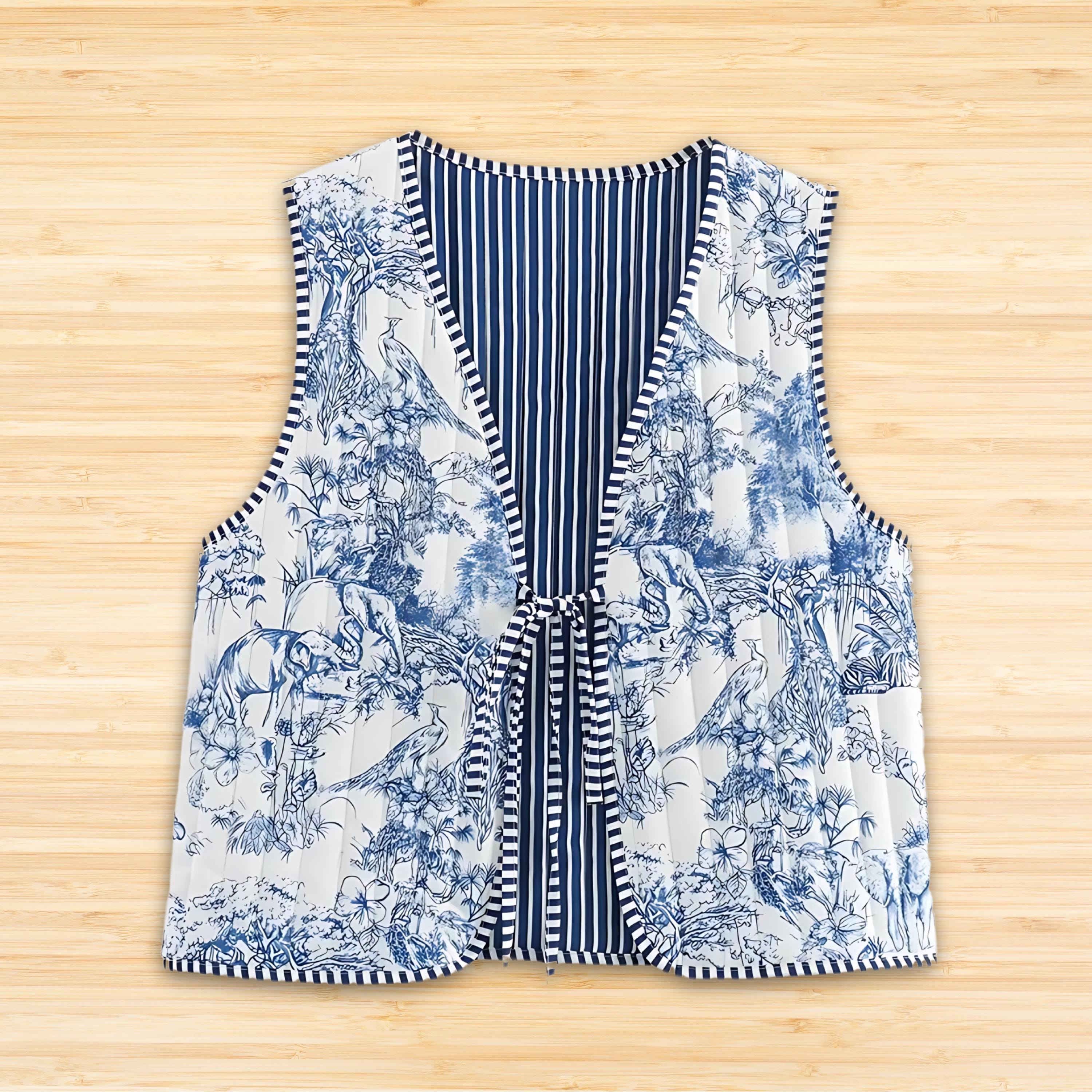 ルミニョンPearl ribbon chain quilting gilet Blue Toile De Jouy Quilted Vest: Reversible Cottagecore Gilet - Etsy