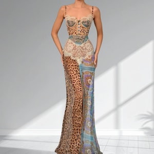 Vestido largo patchwork de encaje y leopardo – Vestido lencero de malla vintage glamuroso