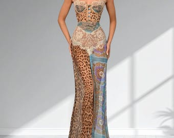 Vestido largo patchwork de encaje y leopardo – Vestido lencero de malla vintage glamuroso