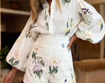 Conjunto de camisa y pantalones cortos con estampado floral blanco: conjunto de verano con mangas globo