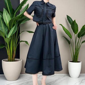 Chic Navy Two Piece Set Women, Cropped Short Sleeve Shirt and High Waisted Midi Skirt, Elegant Matching Outfit, Versatile Co‑ord Set