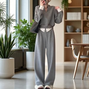 Chic Two Piece Women’s Set – Long Sleeve Top and Wide Leg Trousers with Contrast Cuffs & Waist Detail, Elegant Lounge or Office Outfit