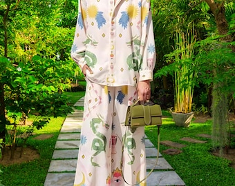 Boho Dragon Print Set: Celestial Shirt & Wide Leg Pants
