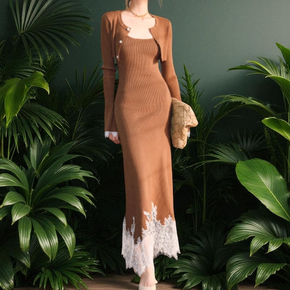 Lace Trim Knit Maxi Dress With Cardigan: Wool Blend Autumn Outfit
