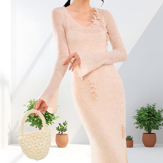 Crochet Knit Bodycon Dress: Pink Maxi with 3D Floral Details