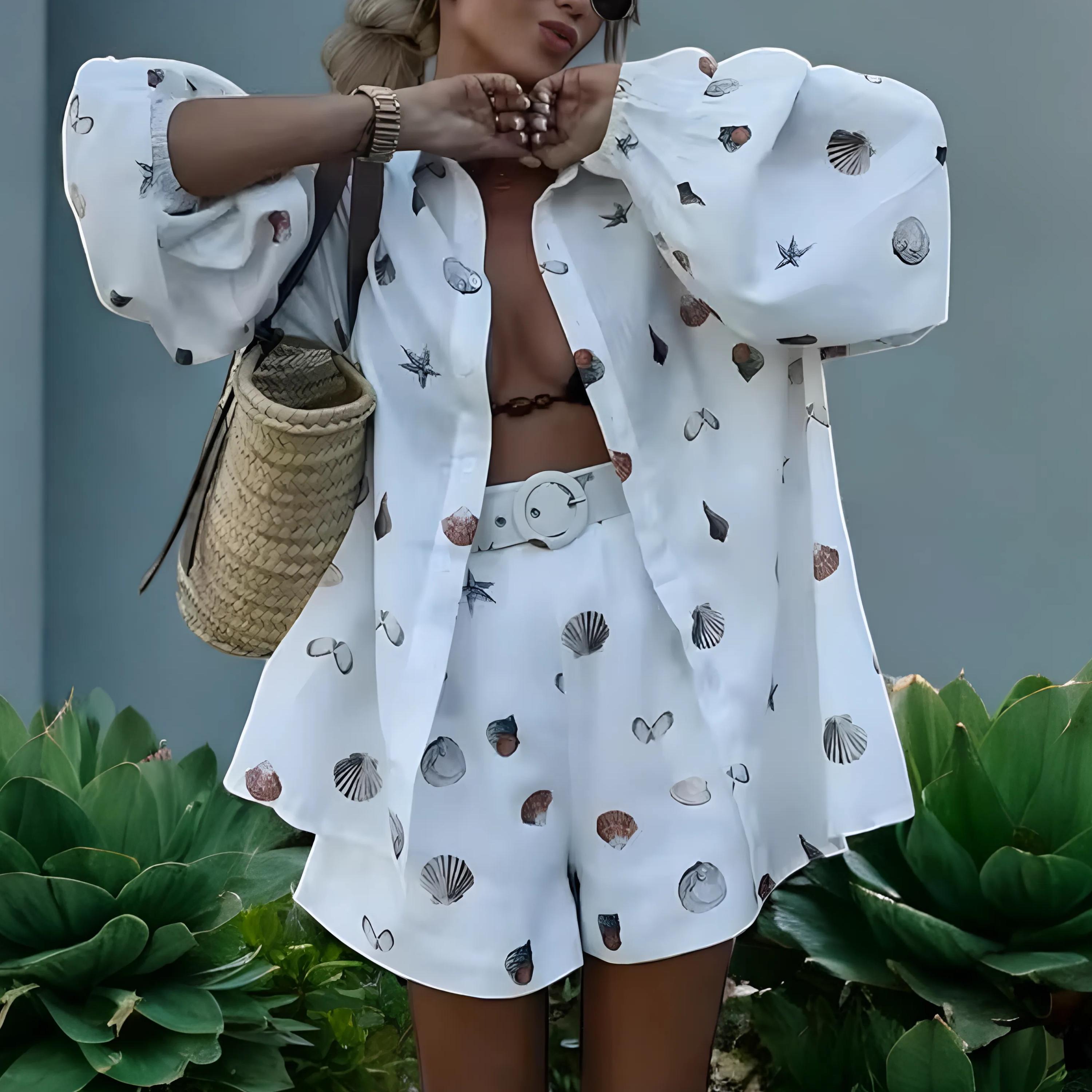 Seashell Print Shirt & Shorts Set: Coastal Boho Outfit - Etsy