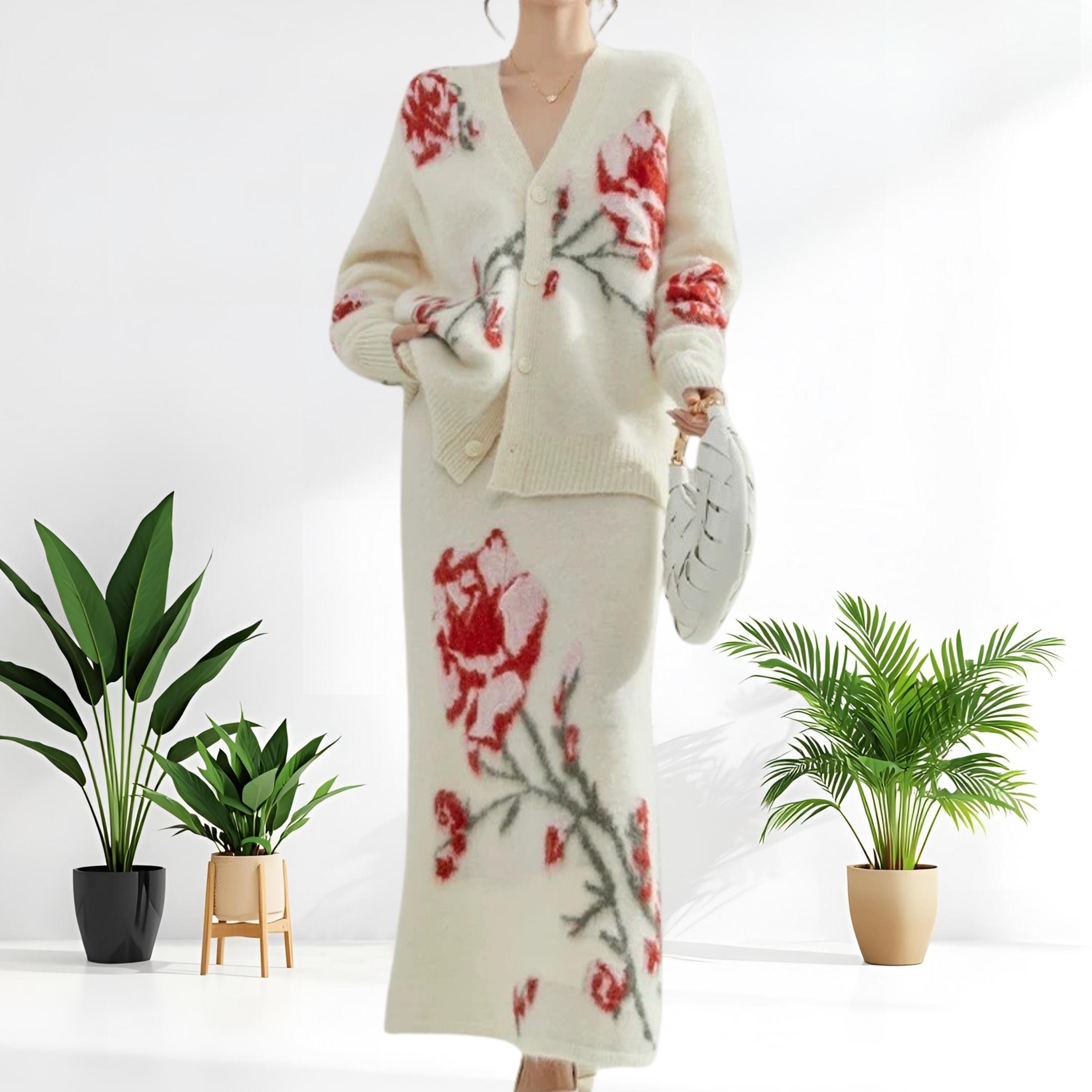 Floral Knit Two-piece Set: Cream Wool Blend Cardigan & Maxi Skirt
