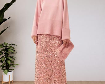 Conjunto de falda de lentejuelas rosas • Suéter de punto oversize, atuendo para fiesta navideña
