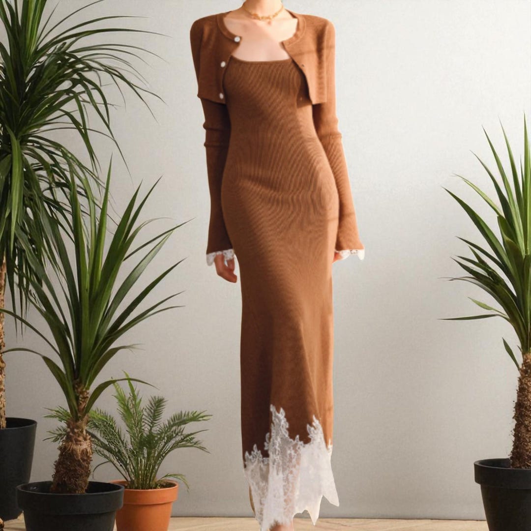 Lace Trim Knit Maxi Dress with Cardigan: Wool Blend Autumn Outfit