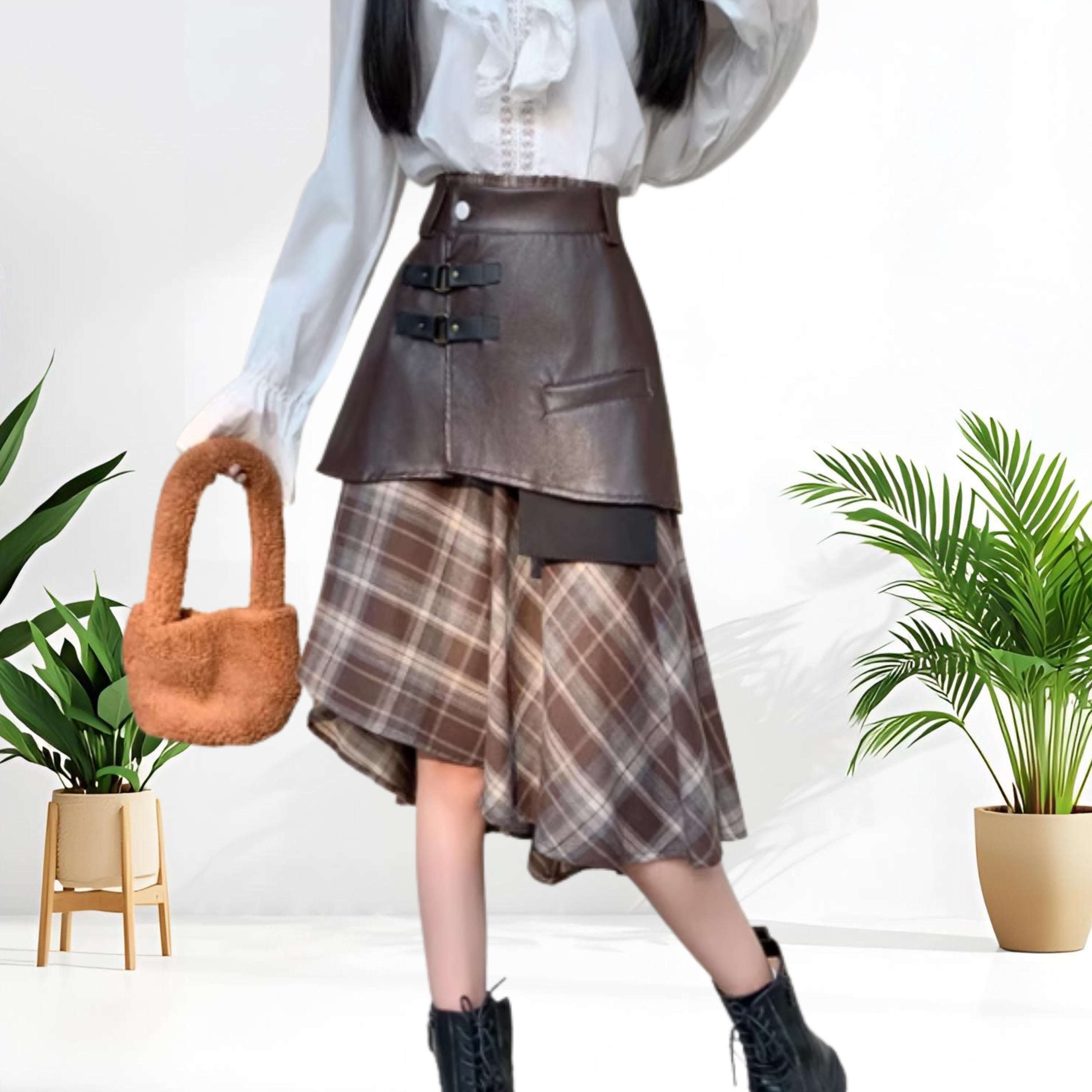 Plaid & Faux Leather Asymmetrical Skirt: Layered Midi, Grunge