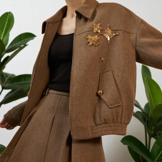 Brown Tweed Bomber Jacket & Skirt Set: Vintage Chic Autumn Outfit