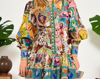 Minivestido con estampado de fantasía bohemio: vestido colorido de manga larga para festivales