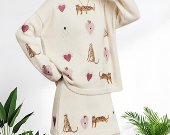 Conjunto de suéter y falda de punto con estampado de leopardo / Conjunto de dos piezas blanco / Conjunto elegante de punto