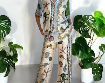 Conjunto de camisa y pantalón ancho inspirado en el océano, look costero a juego, conjunto ligero de verano para mujer.