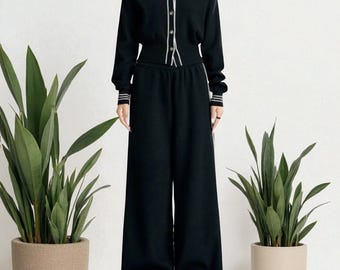 Conjunto negro de dos piezas: blusa abotonada y pantalón ancho - Conjunto informal elegante