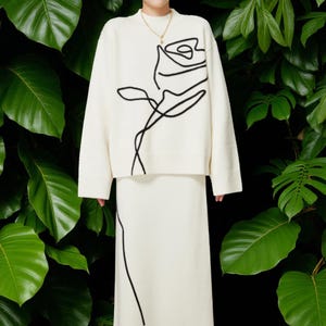 White Knit Skirt and Sweater Set: Black Rose Outline - Minimalist Outfit