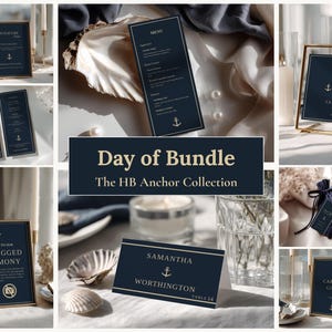 May include: A wedding stationery bundle featuring dark navy blue cards with gold anchor icons and text. The set includes a menu, table number 15, a place card for Samantha Worthington, an unplugged ceremony sign, and a small navy blue favor bag.