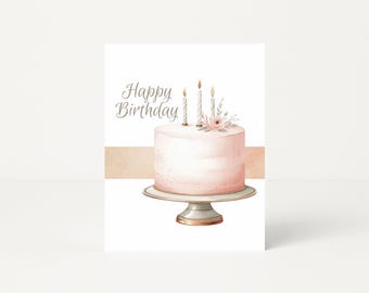 Tarjeta de cumpleaños rosa con pastel, para imprimir en casa, feliz cumpleaños para ella, descarga digital, imprimible.
