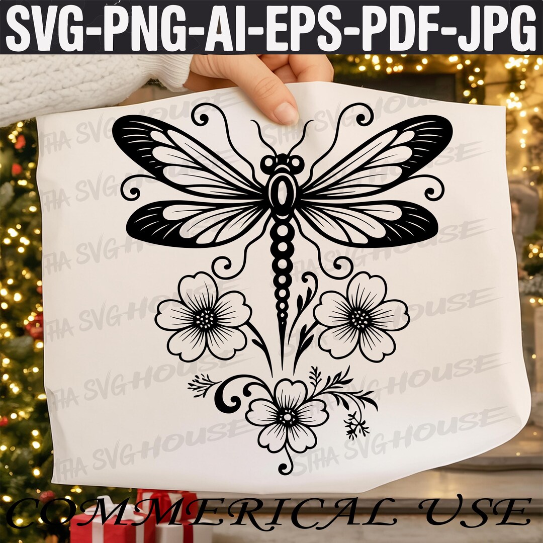 Dragonfly With Flowers Svg & PNG Files, Floral Dragonfly Silhouette ...
