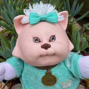 Peut inclure: Une poupée chat rose avec un nœud turquoise, des cheveux blancs et une chemise turquoise. La poupée a des yeux marron et un nez marron. Elle porte un collier marron avec une étiquette dorée. Un motif de chat blanc est sur la chemise.