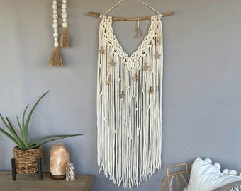 Stars and Moon Macrame Wall Hanging, Driftwood Dowel, Boho Wall Art, Celestial Home Decor, Cosmic Wall Decor, Fiber Art with Stars and Moon