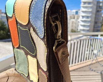 Handmade Natural Leather Patchwork -crossbody Bag -lightweight and