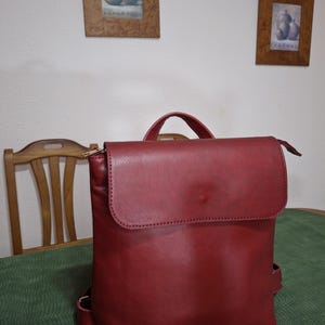 May include: A burgundy leather backpack with a flap closure and a top handle. The bag has a zippered pocket and adjustable straps. The backpack is sitting on a green surface.