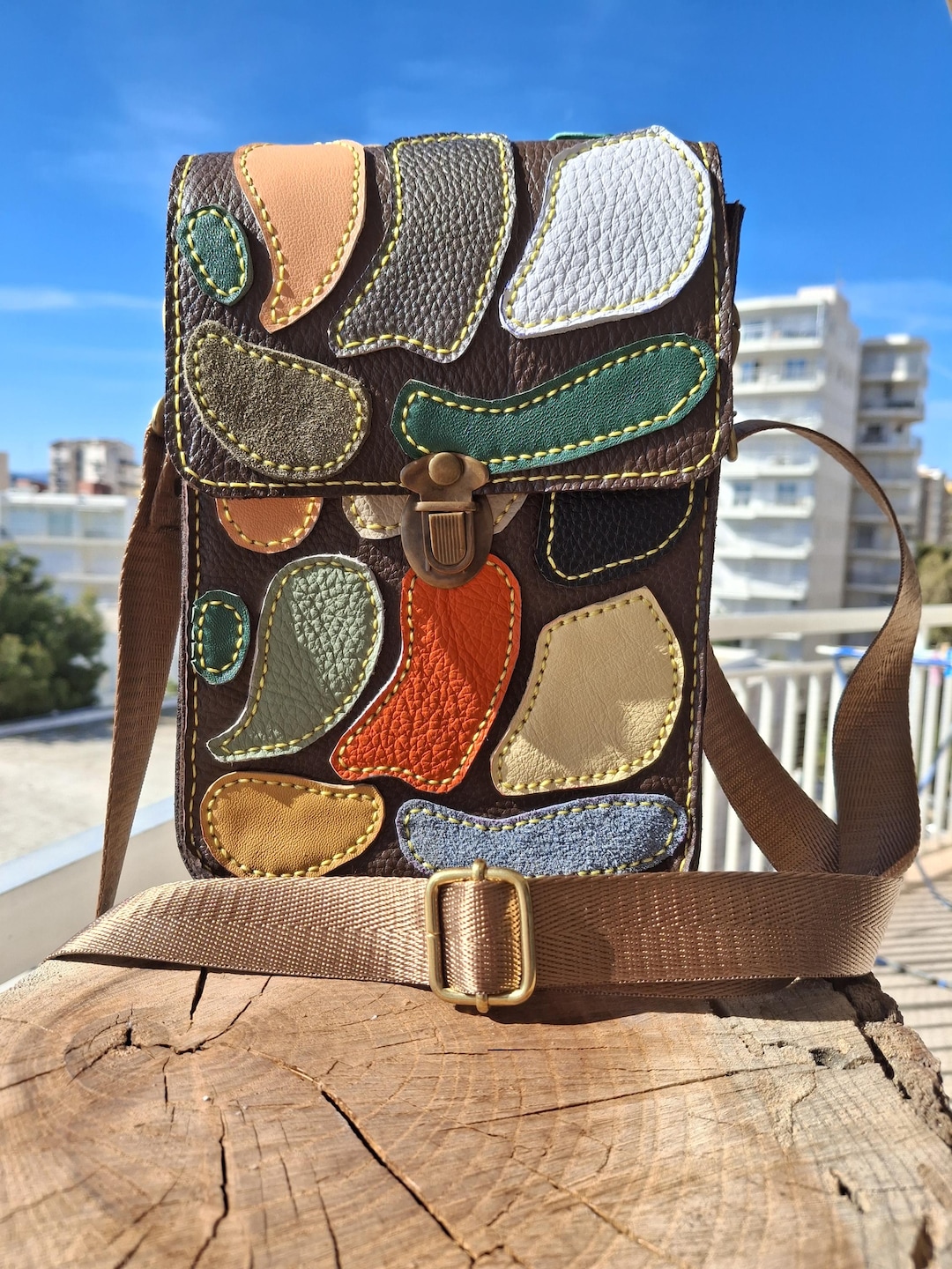 KHOKI コッキ Hand-Patchwork Leather Bag Handmade Natural Leather Patchwork -crossbody Bag -lightweight and