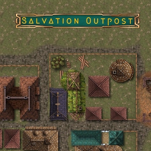 Puede incluir: Vista aérea de un mapa de fantasía con edificios con tejados marrones y verdes, sobre un terreno verde y marrón. El texto "SALVATION OUTPOST" se muestra en una pancarta dorada y verde. El mapa incluye carreteras, árboles y otras estructuras.