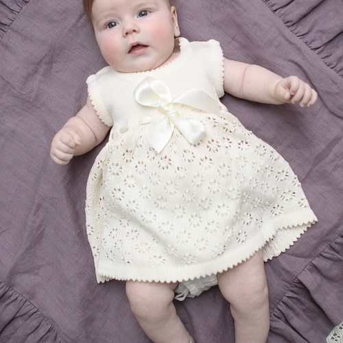 Baptism Dress Knit Baby Girl Long White Dress Flower Girl Etsy