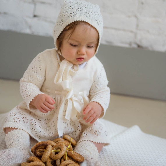 Tenue De Bapteme Tricot Bebe Fille Naturelle Robe Blanche Etsy