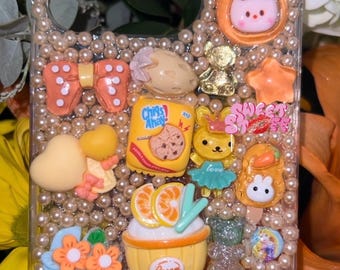 Orange Phone Case | Kawaii Handmade Custom Phone Case | Cute Charms | Shiny Bling Freestyle or Sanrio Characters | Junk | iPhone Samsung