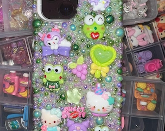 Green Phone Case | Kawaii Handmade Custom Phone Case | Cute Charms | Shiny Bling Freestyle or Sanrio Characters | Junk | iPhone Samsung