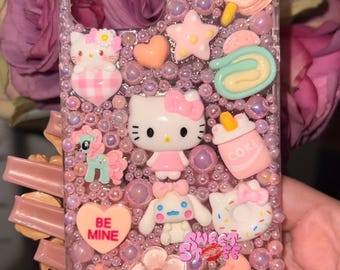 Pink Phone Case | Kawaii Handmade Custom Phone Case | Cute Charms | Shiny Bling Freestyle or Sanrio Characters | Junk | iPhone Samsung
