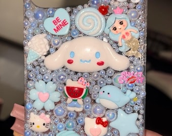 Blue Phone Case | Kawaii Handmade Custom Phone Case | Cute Charms | Shiny Bling Freestyle or Sanrio Characters | Junk | iPhone Samsung