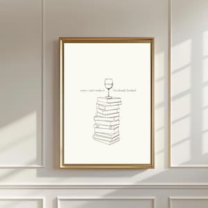 Books and Wine Wall Art Printable, Minimalist Cozy Book Art Print for Home, Beige Home Library Art, Book Lover Gift
