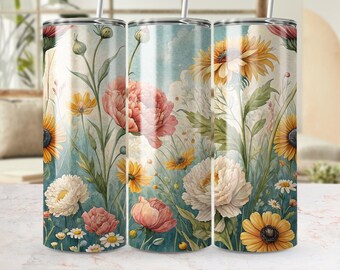 Sunflower Peony Tumbler Wrap: Watercolor Floral Design (Digital Download