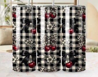 20 oz Seamless Sublimation Wrap, Cherry Bow Plaid, 300 DPI, Cheetah Bow Design, Floral Design, Tumbler Wrap Design