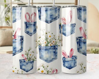 Denim Pocket Tumbler Wrap: Daisy Flowers & Bunny Ears (20 oz Seamless Design)
