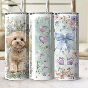 Poodle Dog Tumbler Wrap, 20 oz Seamless Sublimation Tumbler Wrap 300 DPI, Puppy Floral Design, Pet Lover Gift, Watercolor Tumbler Design