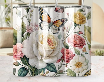 Butterfly Roses Tumbler Wrap: Seamless Floral 20oz PNG (Digital Download)