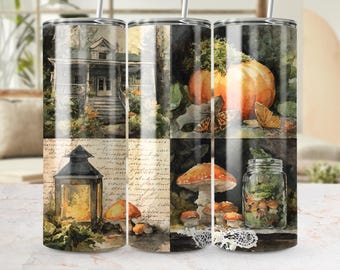 Watercolor Fall Tumbler Wrap: Seamless Autumn Collage, Pumpkins & Mushrooms