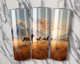 Horses, American Flag, Mountain 20 oz Tumbler Seamless Sublimation Digital Wrap: