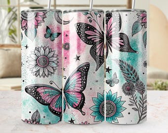 Butterfly Tumbler Wrap: Floral Sunflower Sublimation Design (Digital Download, 20oz Tumbler PNG)