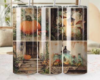 Watercolor Mushroom Tumbler Wrap: Cottagecore Fall Lantern Design (300 DPI Seamless 20 oz Tumbler)