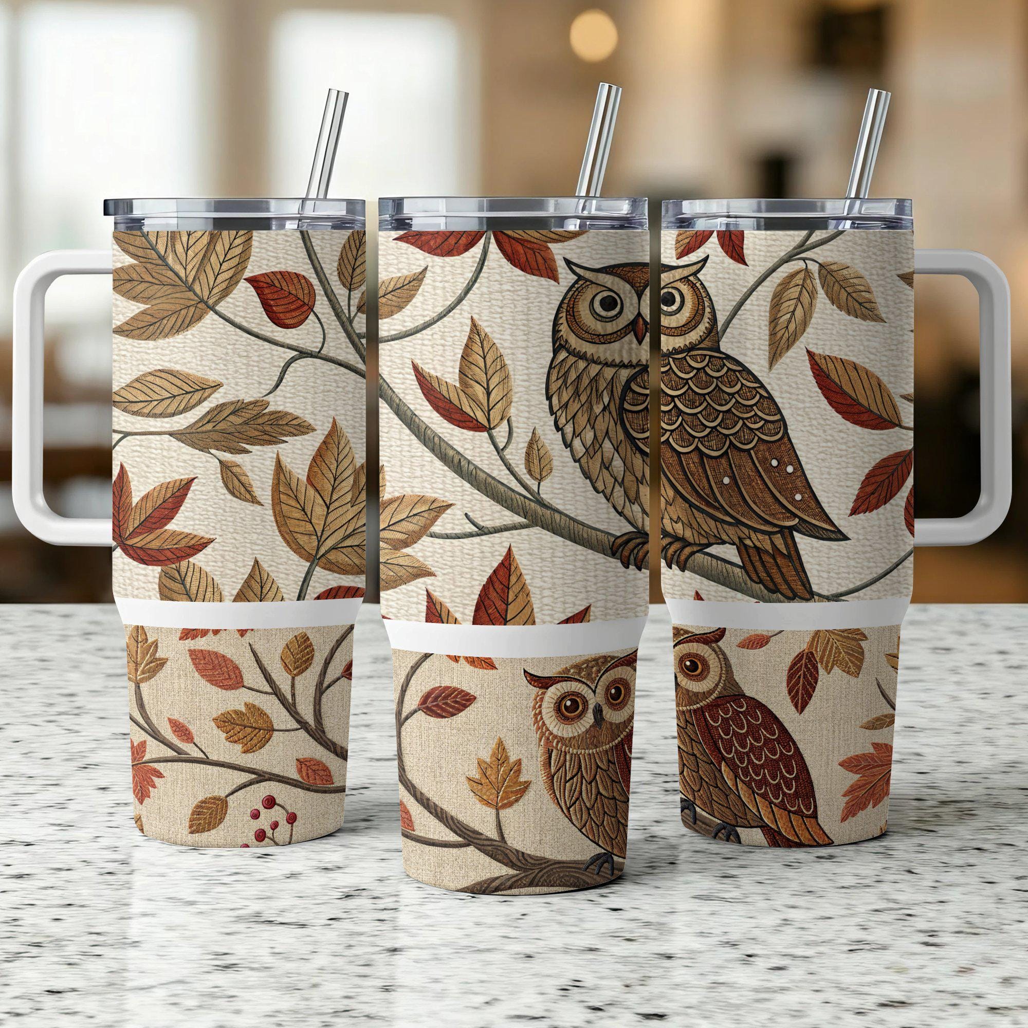 Owl Forest Fall Leaves, 40 oz Seamless Sublimation Tumbler Wrap, Fall, Autumn Woods