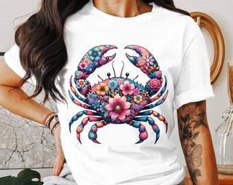 Floral Crab PNG: Boho Beach Clipart, Sublimation Design (Digital Download)