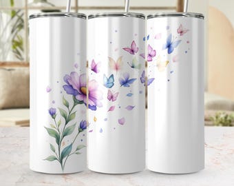 Watercolor Butterfly Tumbler Wrap: Floral Sublimation Design (PNG)