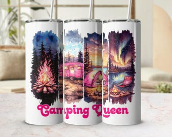 May include: Three white stainless steel tumblers with a pink watercolor design of a camper, a campfire, a tent, and a starry night sky. The tumblers have the text "Camping Queen" in pink letters.